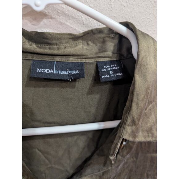 Moda International size S long sleeve collared 100% silk olive green midi dress - Picture 2 of 9